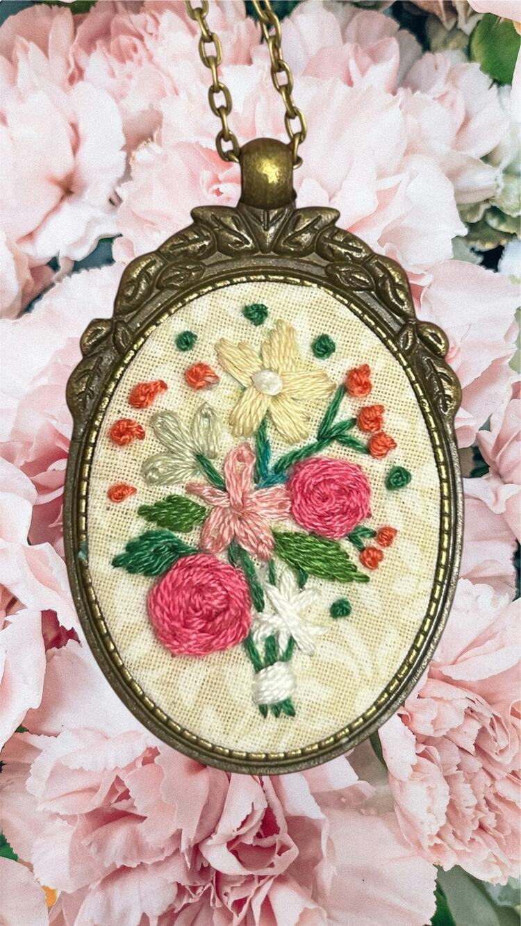 Embroidered Pink Botanical Cameo ~ Necklace, Handmade